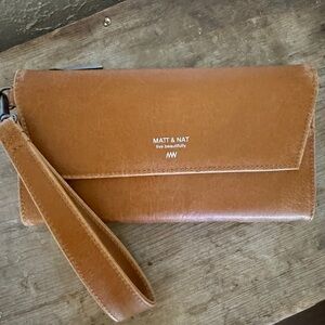 Very Earth friendly! Vegan Leather MATT & NAT wristlet wallet purse bag tan